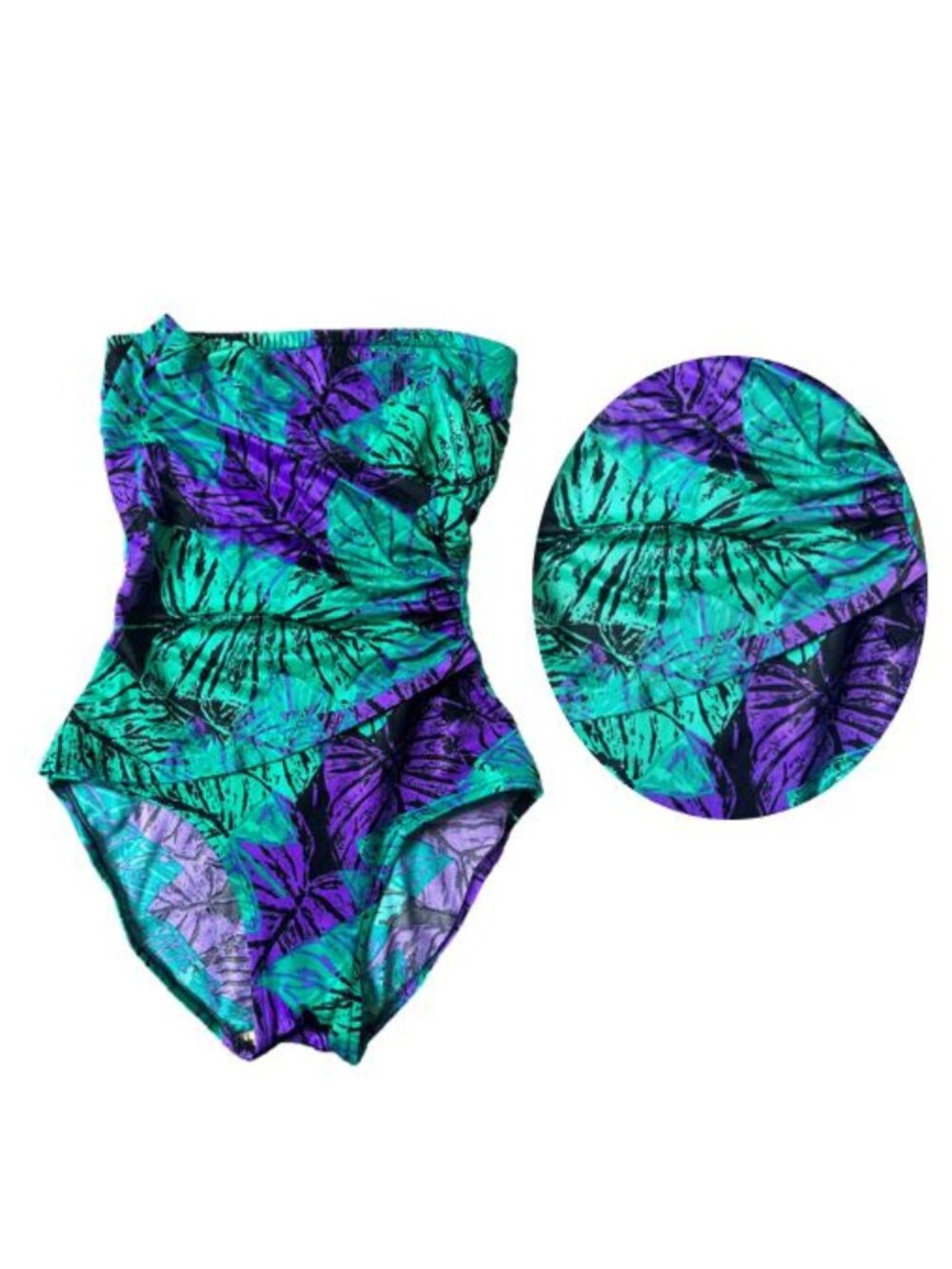 Vintage 80's Tropical Leaf Neon Rouched Waist Strapless Swimsuit XS